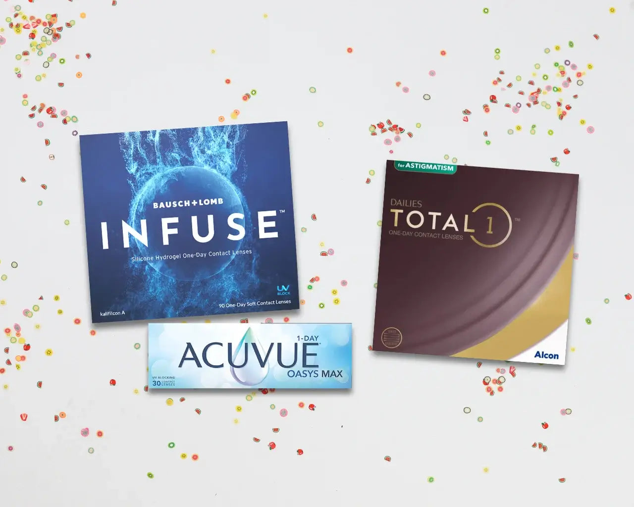 How to buy contact lenses online. Popular contact lens brands on top of table of confetti