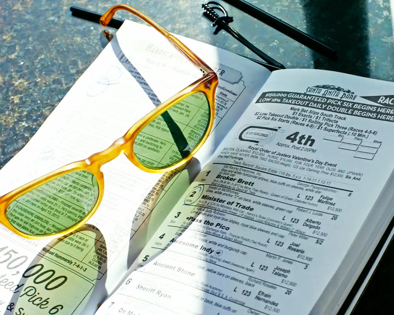 The Optical Co yellow plastic sunglasses with green lenses on book