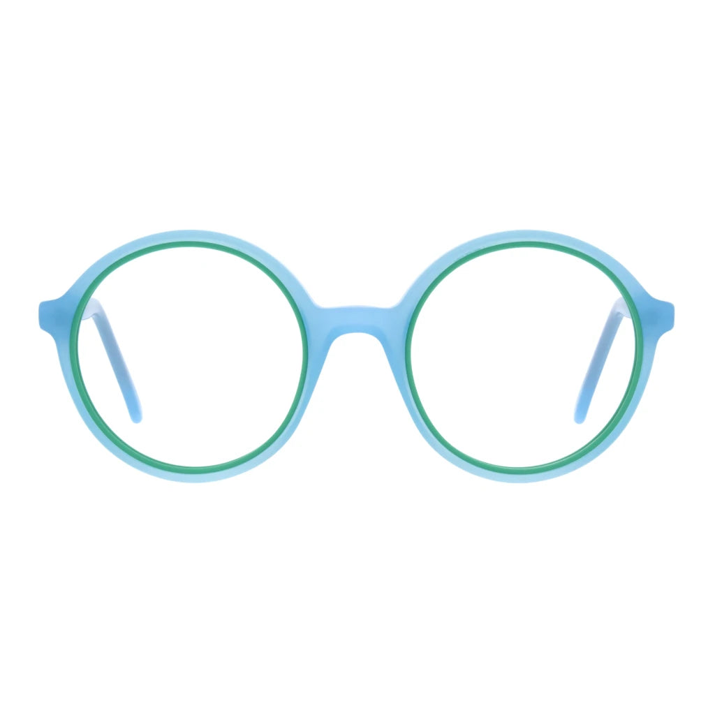 Bright blue round luxury handmade Andy Wolf plastic eyeglasses