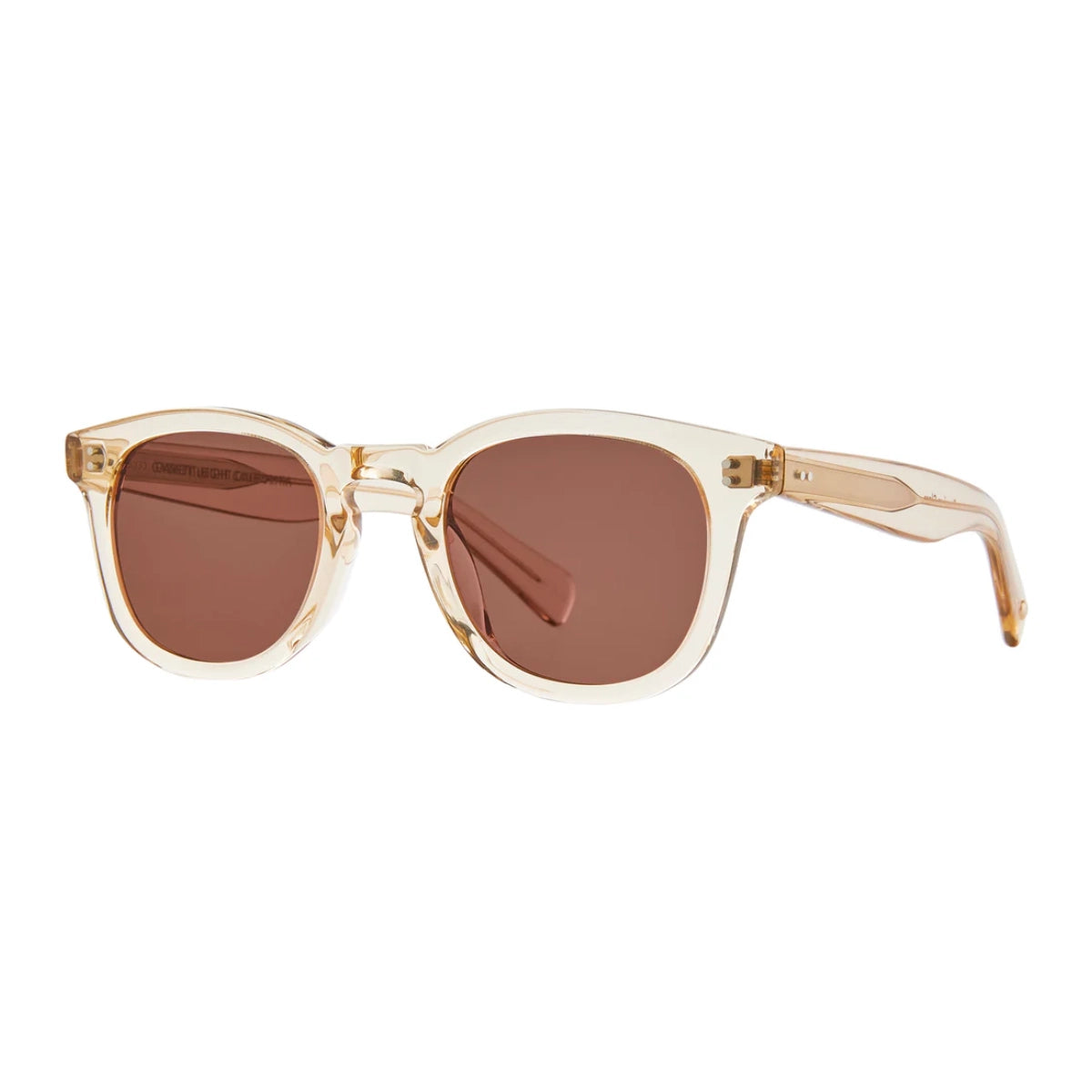 Champagne clear Garrett Leight thick acetate sunglass frame with rose lenses
