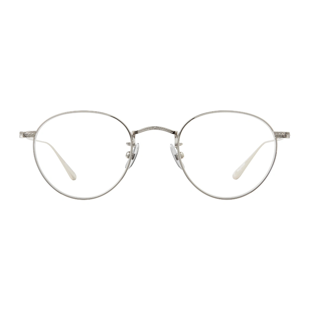 Silver classic round metal prescription eyeglasses by Garrett Leight at The Optical. Co