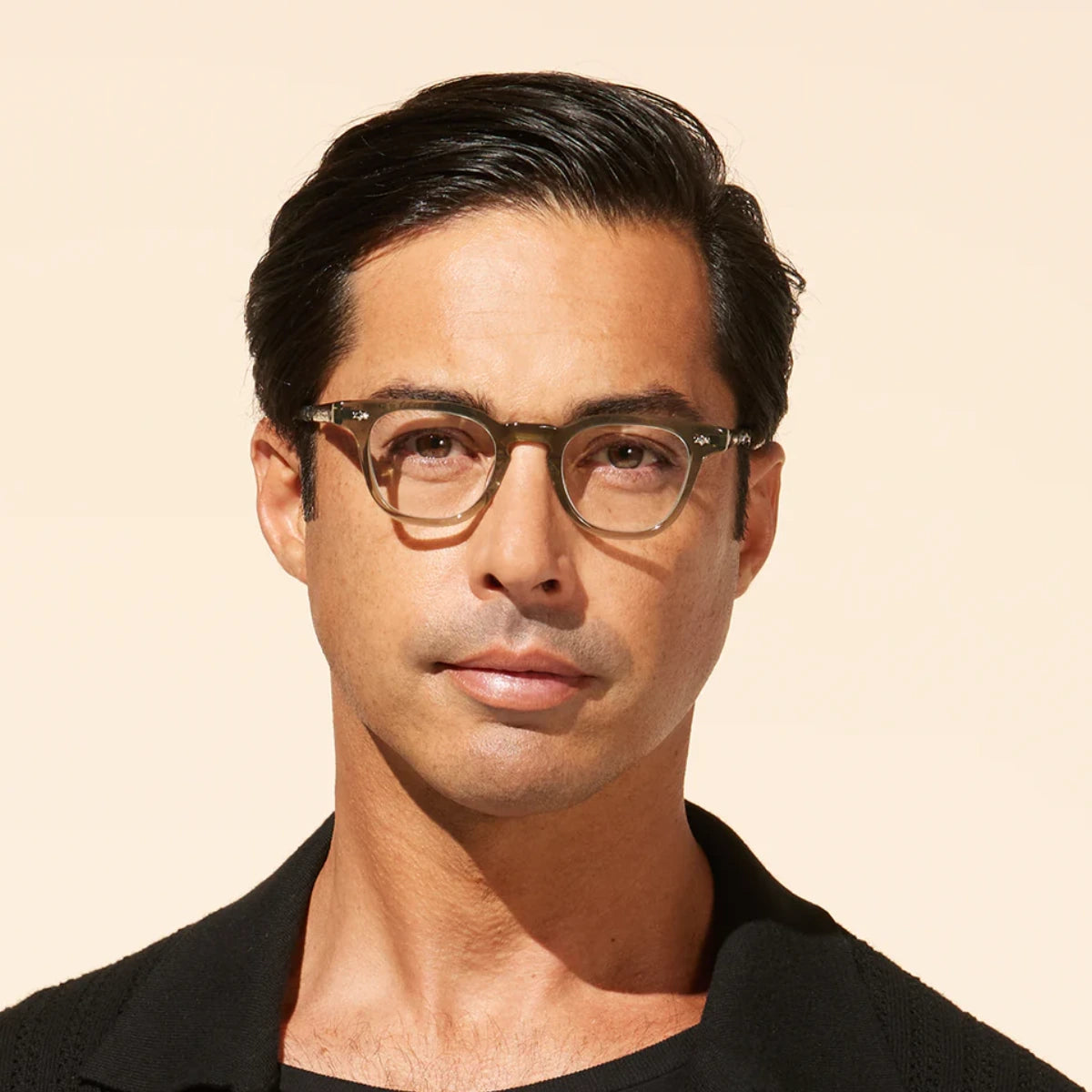 Model wearing Mr. Leight luxury square prescription eyeglasses
