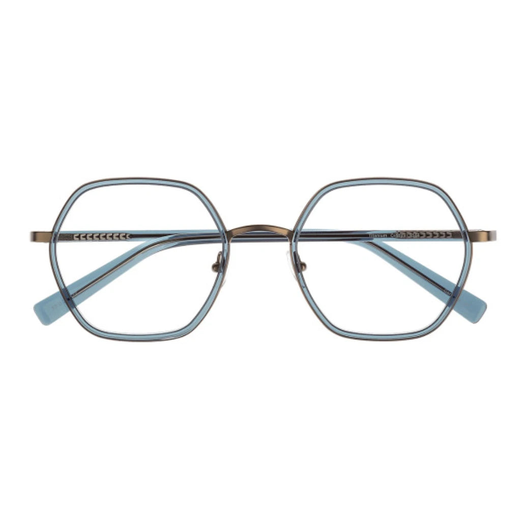 Blue large geometric shaped metal titanium glasses for women