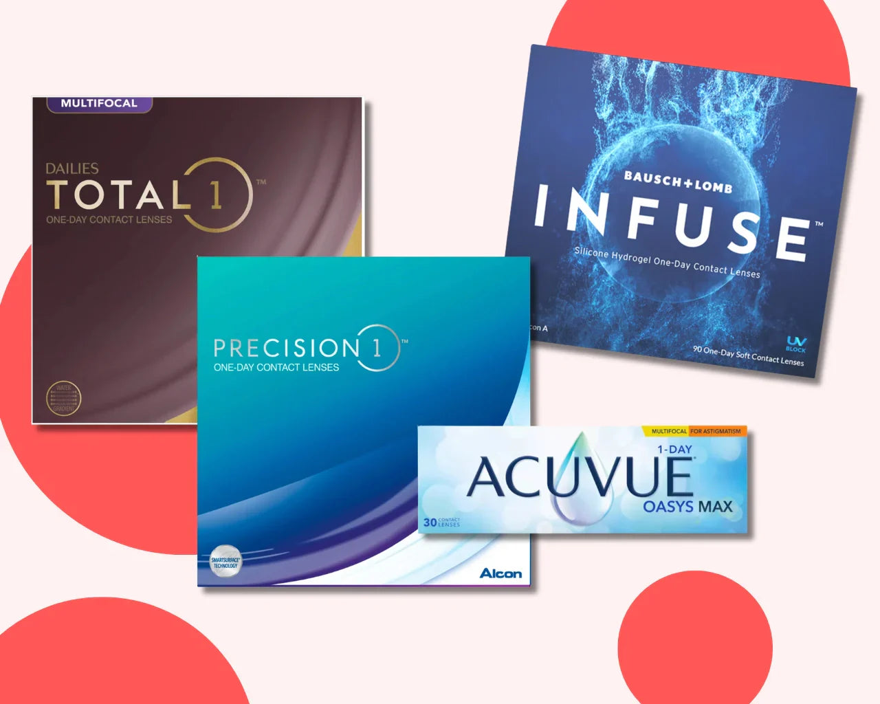 Boxes of popular contact lenses on polka dot background image