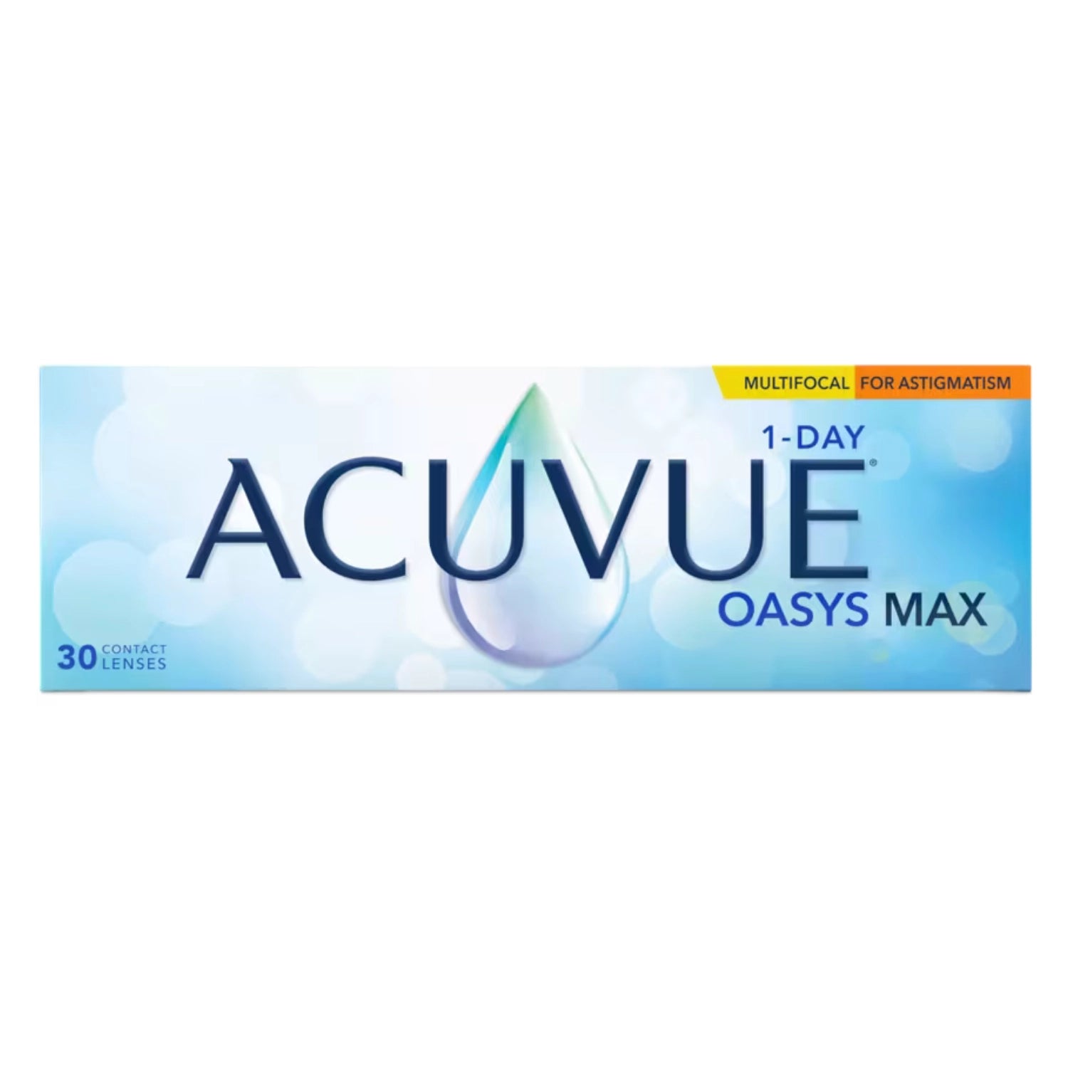 Acuvue 1-Day Oasys Max multifocal for astigmatism contact lenses packaging on a white background