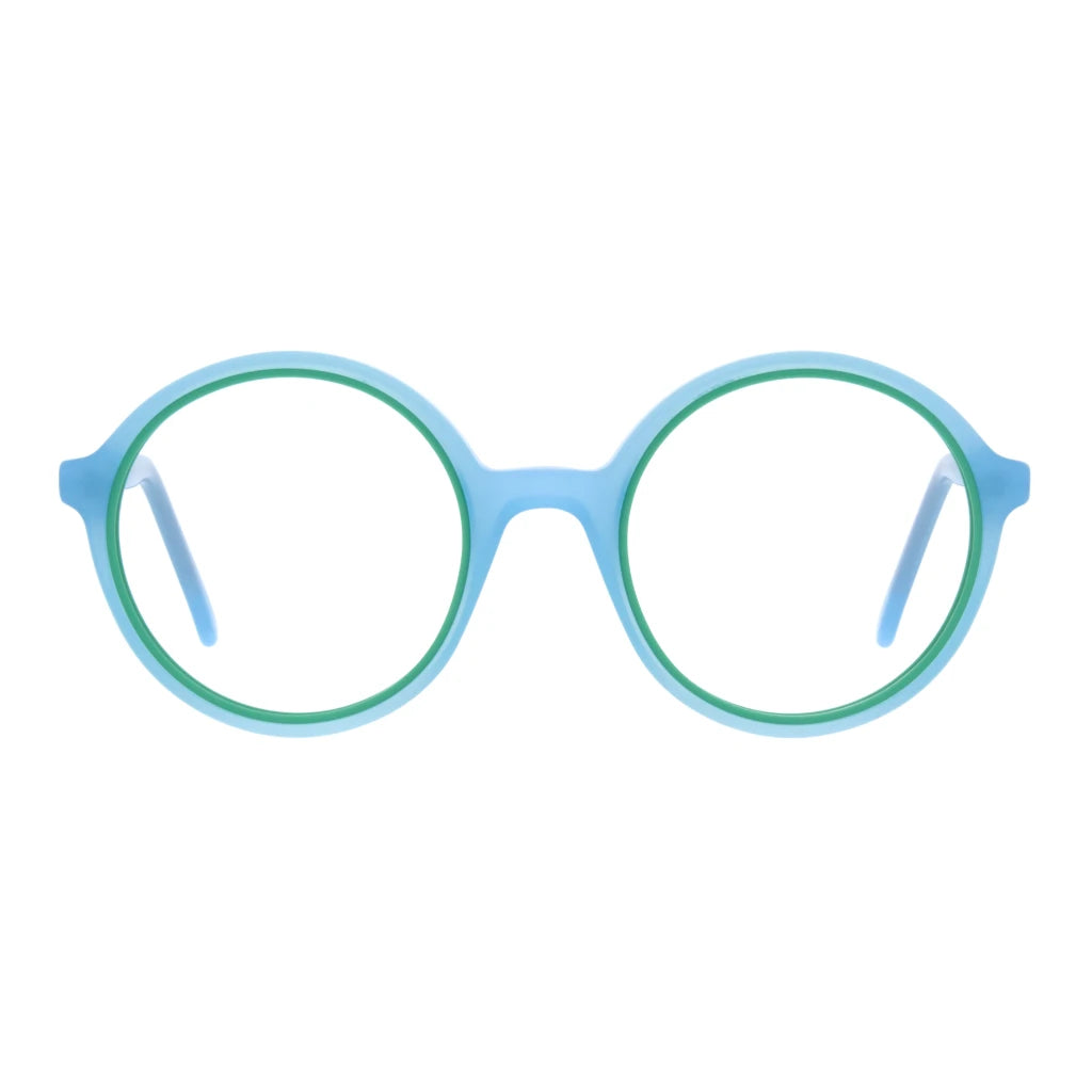 Bright blue round luxury handmade Andy Wolf plastic eyeglasses