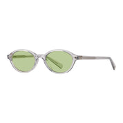 Oval sunglasses with translucent clear frames and light green lenses, shown against a plain white background.