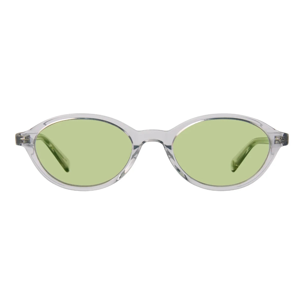 Oval sunglasses with a translucent clear frame and light green lenses, shown against a plain white background.