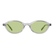 Oval sunglasses with a translucent clear frame and light green lenses, shown against a plain white background.