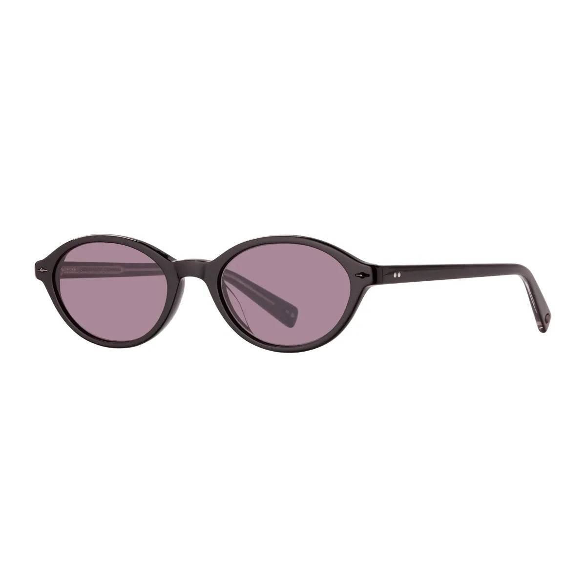 Oval sunglasses with a dark translucent frame and muted pink-tinted lenses, shown from a side profile on a plain white background.