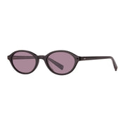 Oval sunglasses with a dark translucent frame and muted pink-tinted lenses, shown from a side profile on a plain white background.