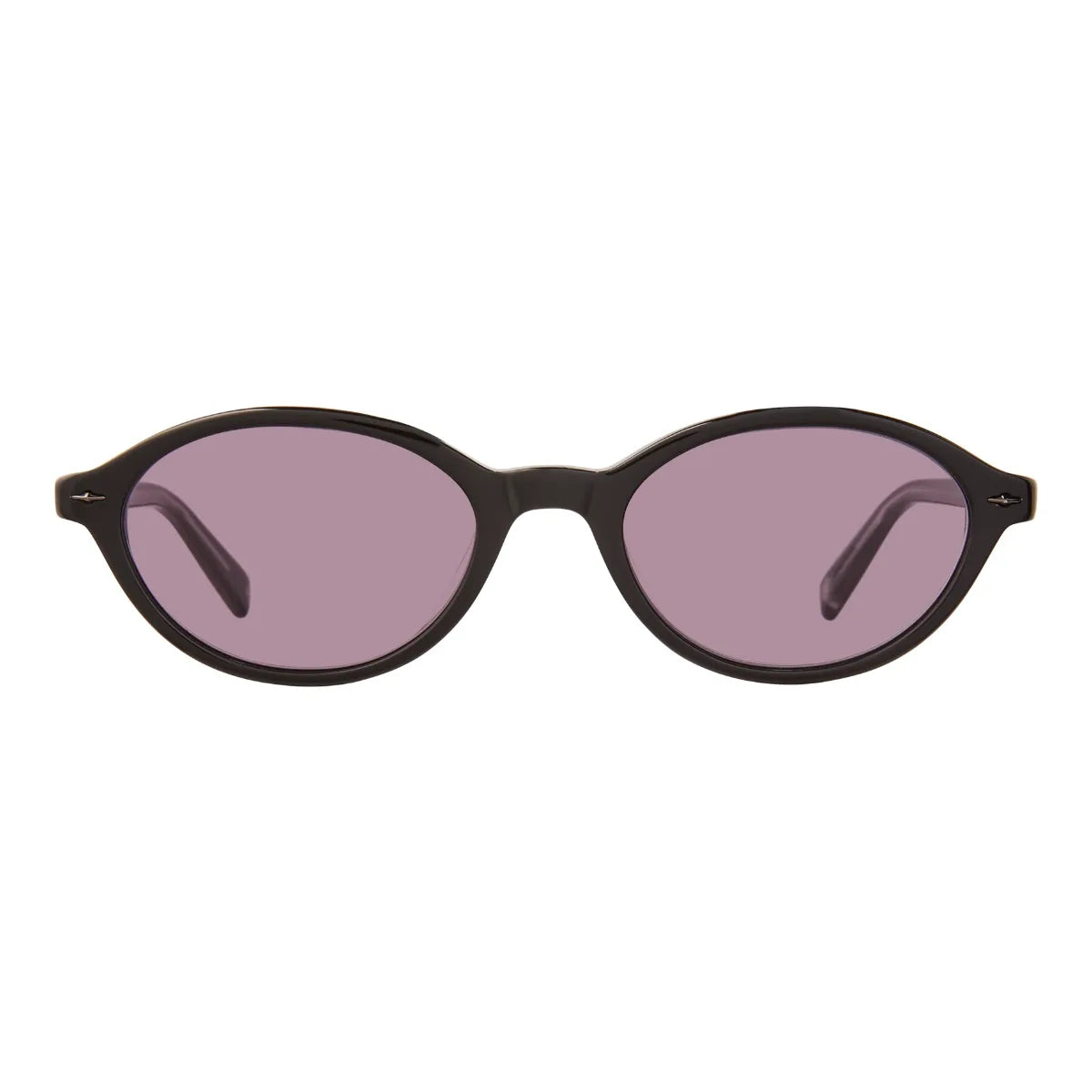 Oval sunglasses with a dark brown frame and muted purple-tinted lenses, shown against a plain white background.