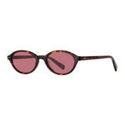 Oval sunglasses with a dark brown tortoiseshell frame and pink-tinted lenses, shown from a side profile view on a white background.