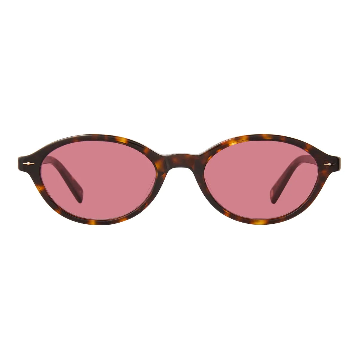 Oval sunglasses with a tortoiseshell frame and pink tinted lenses, shown against a plain white background.