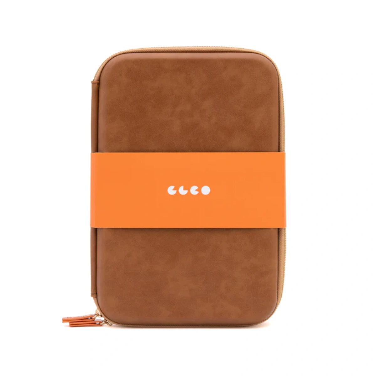 Brown leather eyeglass case with orange band featuring 'GLCO' logo on a white background