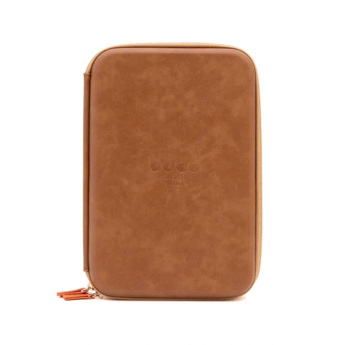 Brown leather case with a visible brand logo on a white background