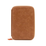 Brown leather case with a visible brand logo on a white background