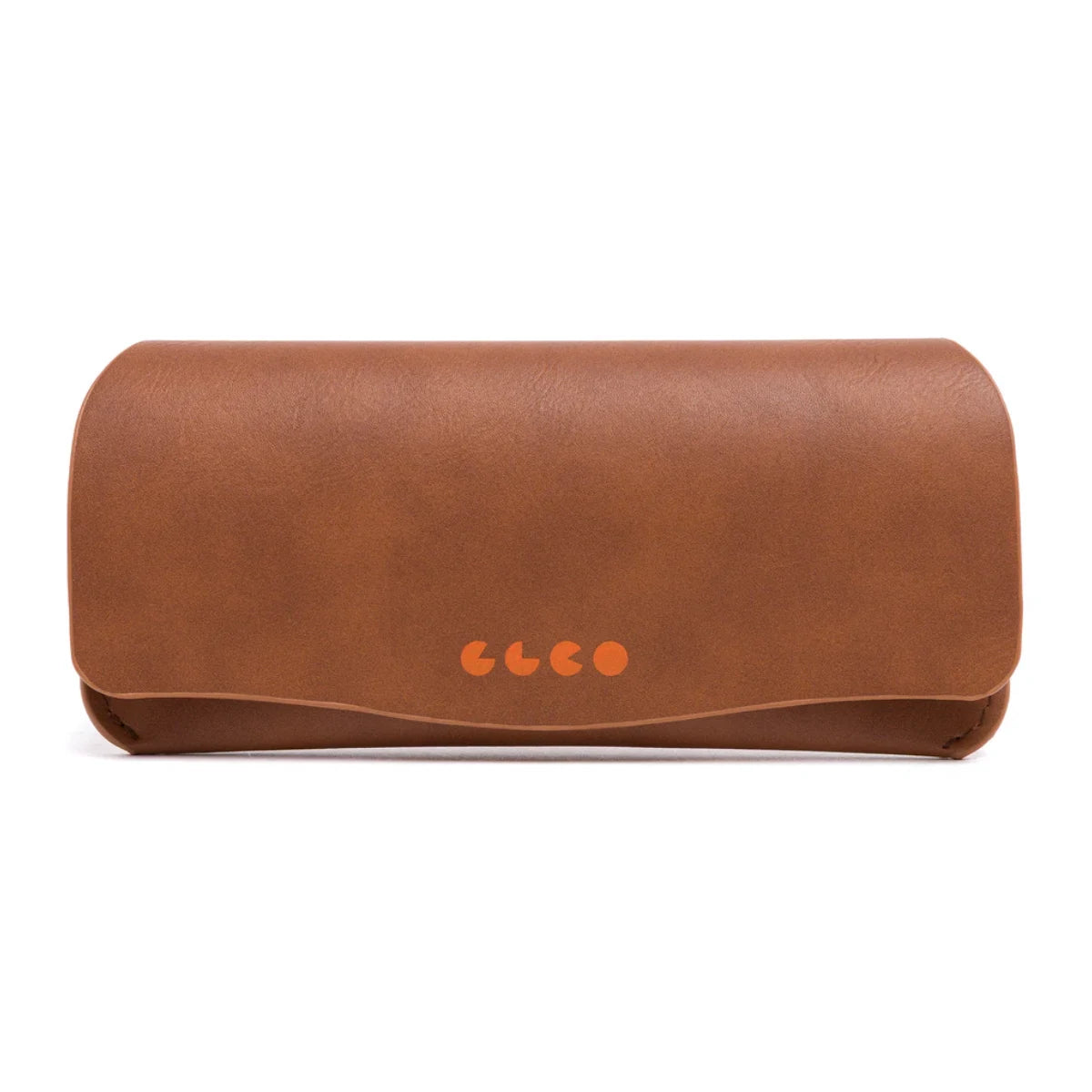Brown GLCO foldable soft eyeglass case on white background
