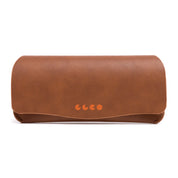 Brown GLCO foldable soft eyeglass case on white background