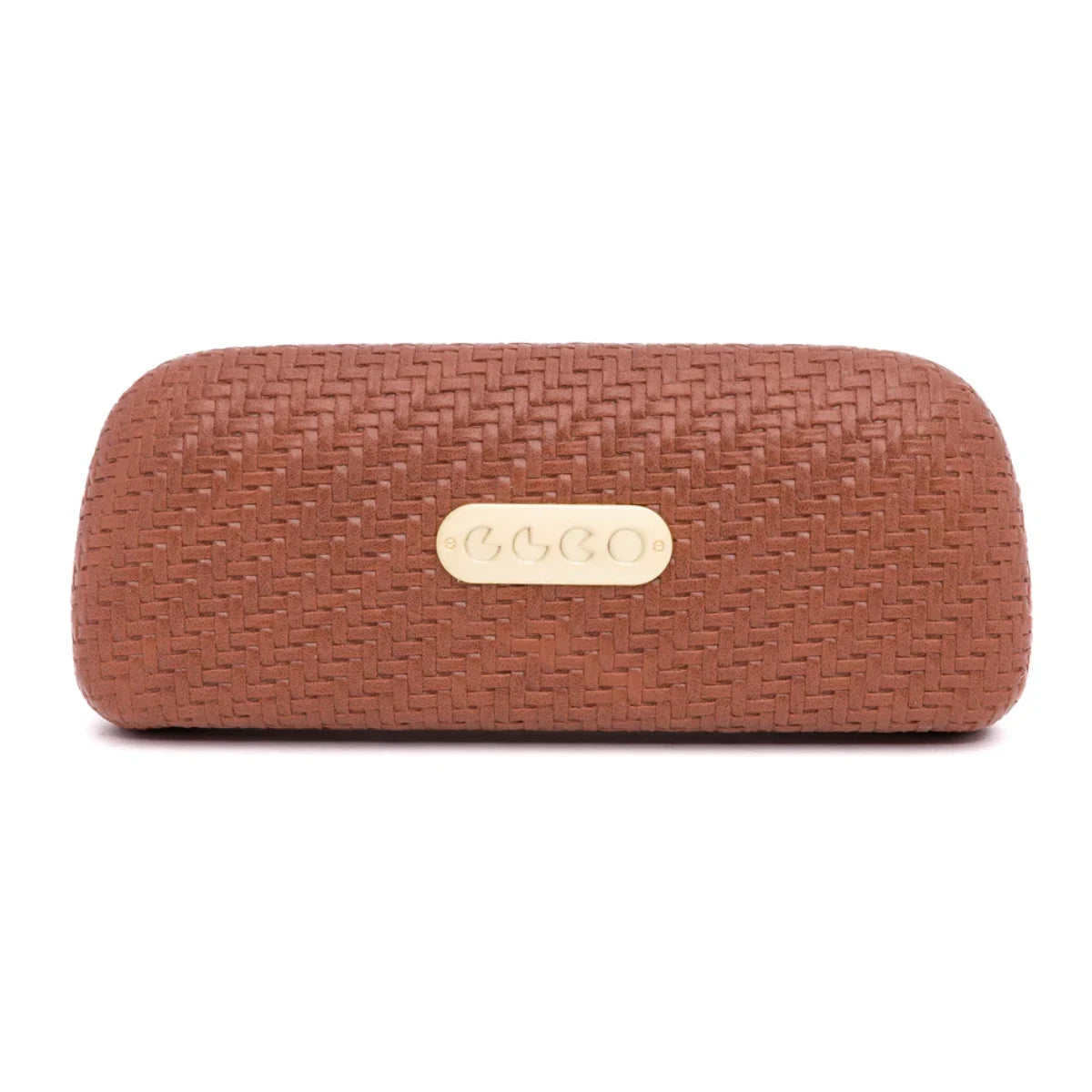 Brown textured glasses case with GLCO logo on a white background