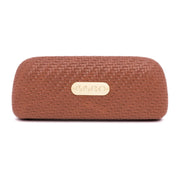 Brown textured glasses case with GLCO logo on a white background