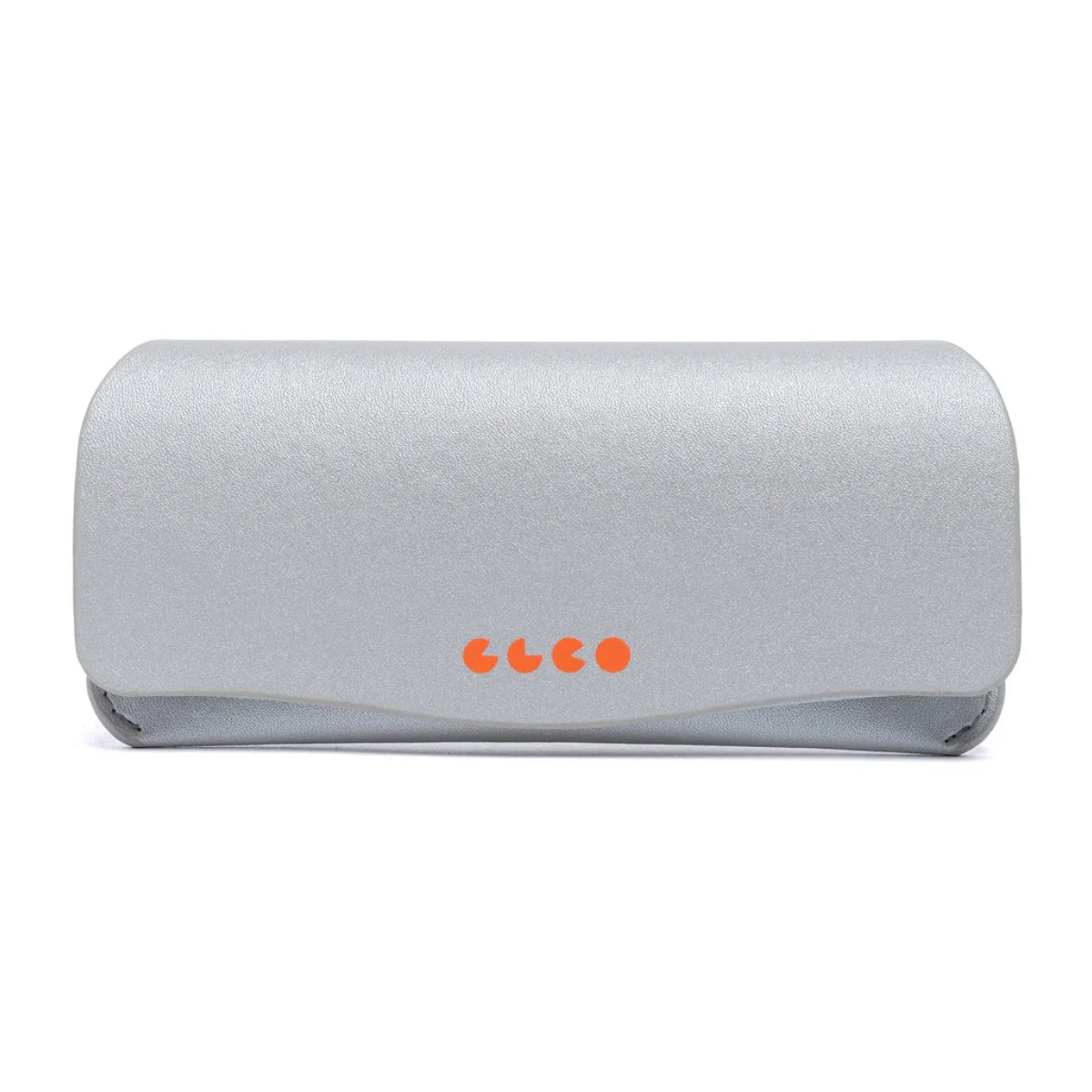 Metallic silver GLCO foldable soft eyeglass case on white background