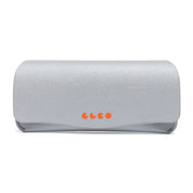 Metallic silver GLCO foldable soft eyeglass case on white background