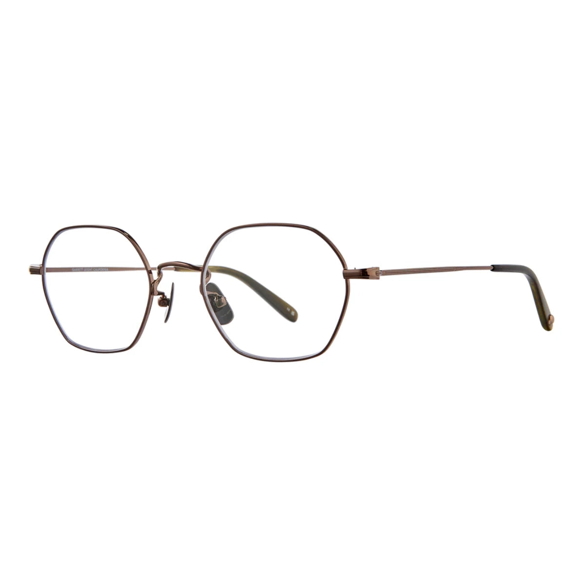 Brown GLCO geometric metal hexagon eyeglass frames on white background