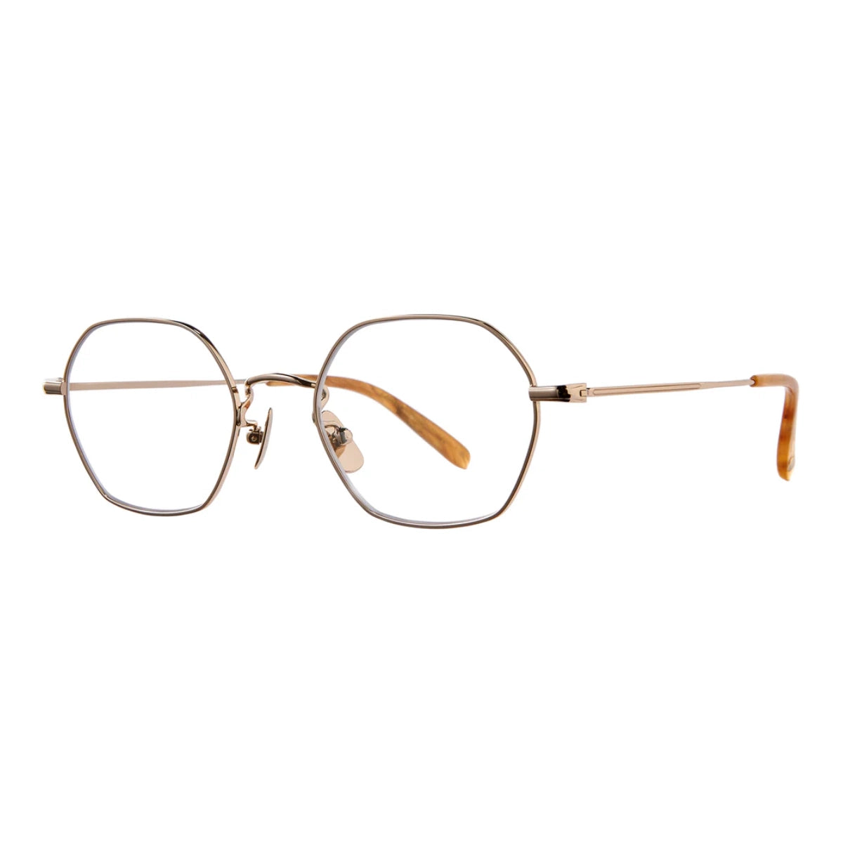 Gold GLCO geometric metal hexagon eyeglass frames on white background
