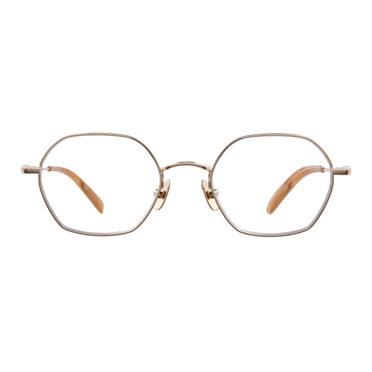 Gold GLCO geometric metal hexagon eyeglass frames on white background
