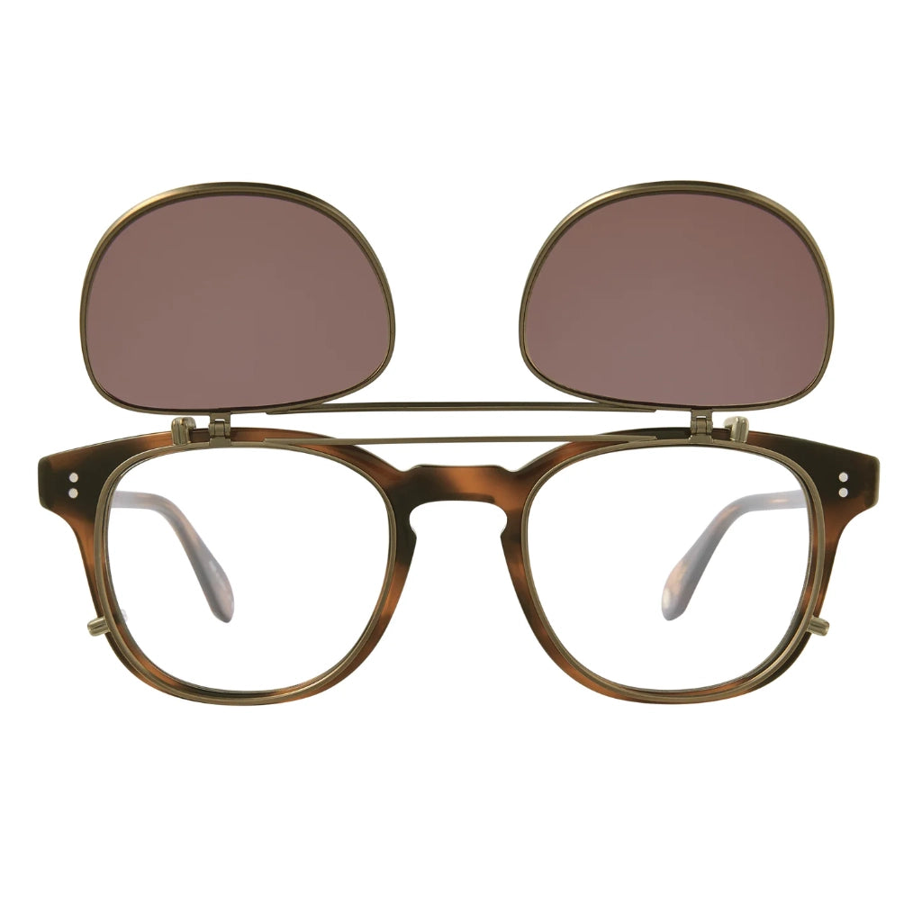 Open flip up sun clip for Garrett Leight eyeglasses