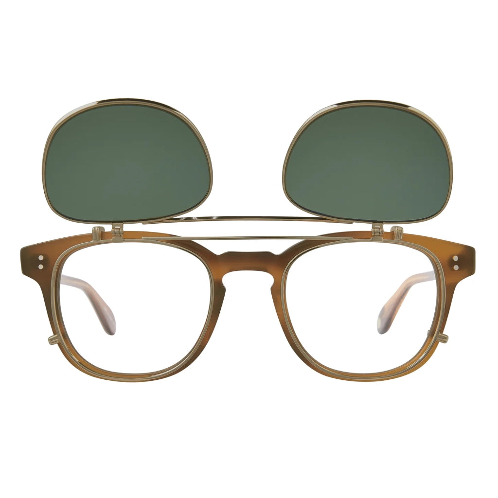 Open gold flip up sun clip for Garrett Leight eyeglasses