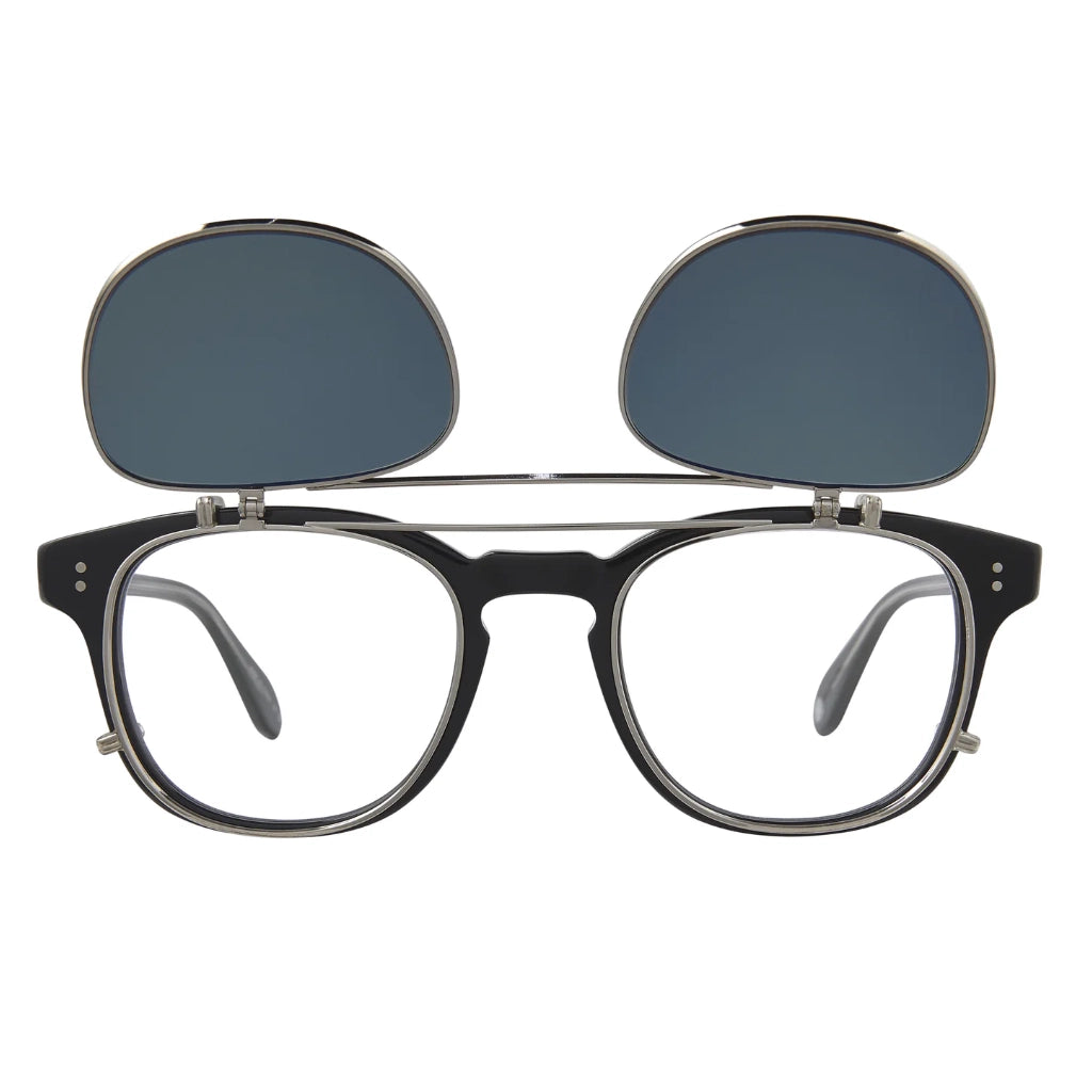 Open silver flip up sun clip for Garrett Leight eyeglasses