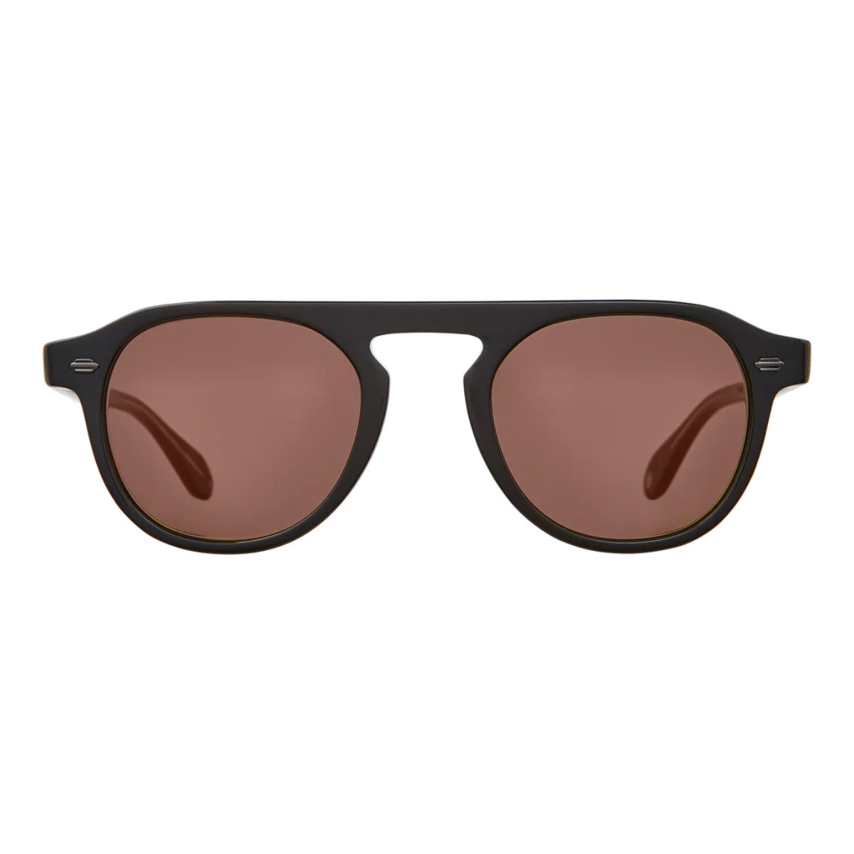 Sunglasses with black frame and brown lenses on a white background