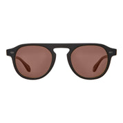 Sunglasses with black frame and brown lenses on a white background