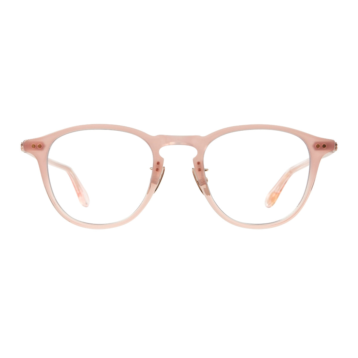 Pink Garrett Leight Hampton J plastic round eyeglasses with titanium adjustable nose pads