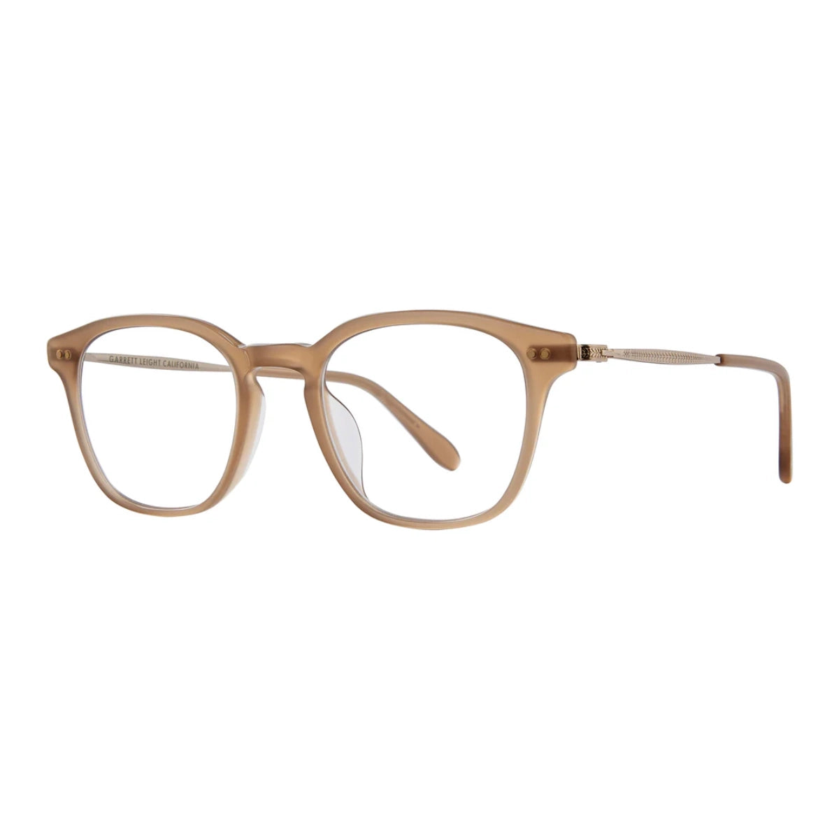 Fawn Garrett Leight Clark J metal and plastic eyeglasses on white background