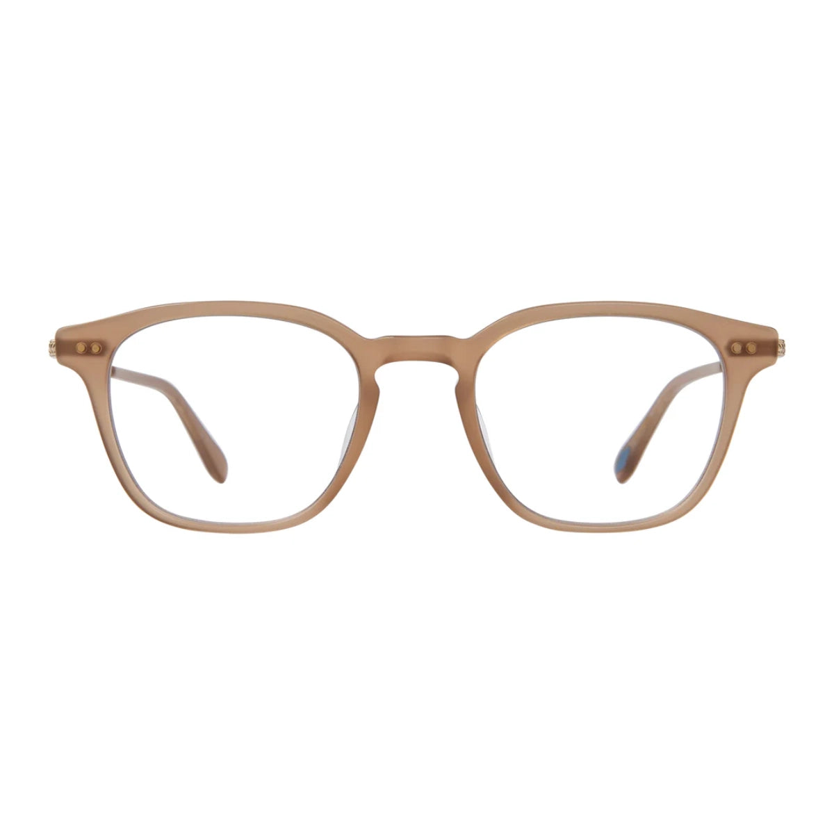 Fawn Garrett Leight Clark J metal and plastic eyeglasses on white background