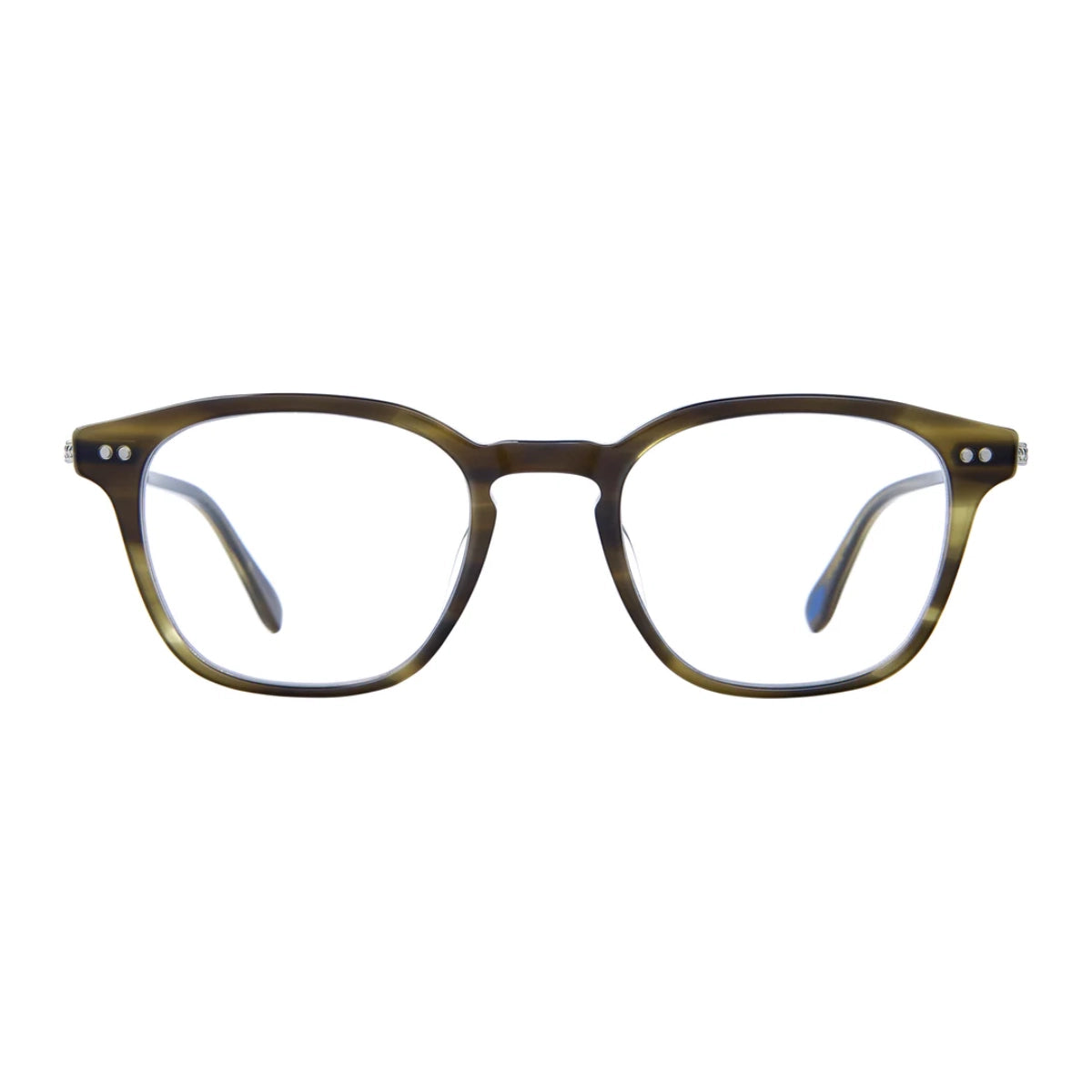 Ivy green Garrett Leight Clark J metal and plastic eyeglasses on white background