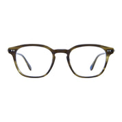 Ivy green Garrett Leight Clark J metal and plastic eyeglasses on white background