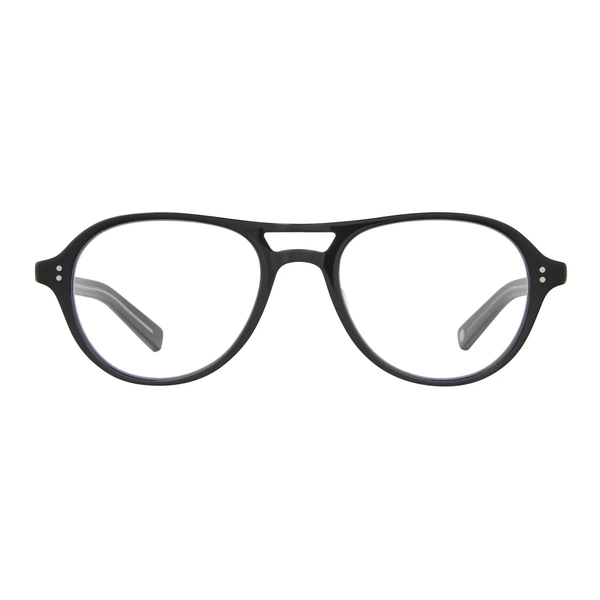 Black Garrett Leight aviator round eyeglass frames on a white background