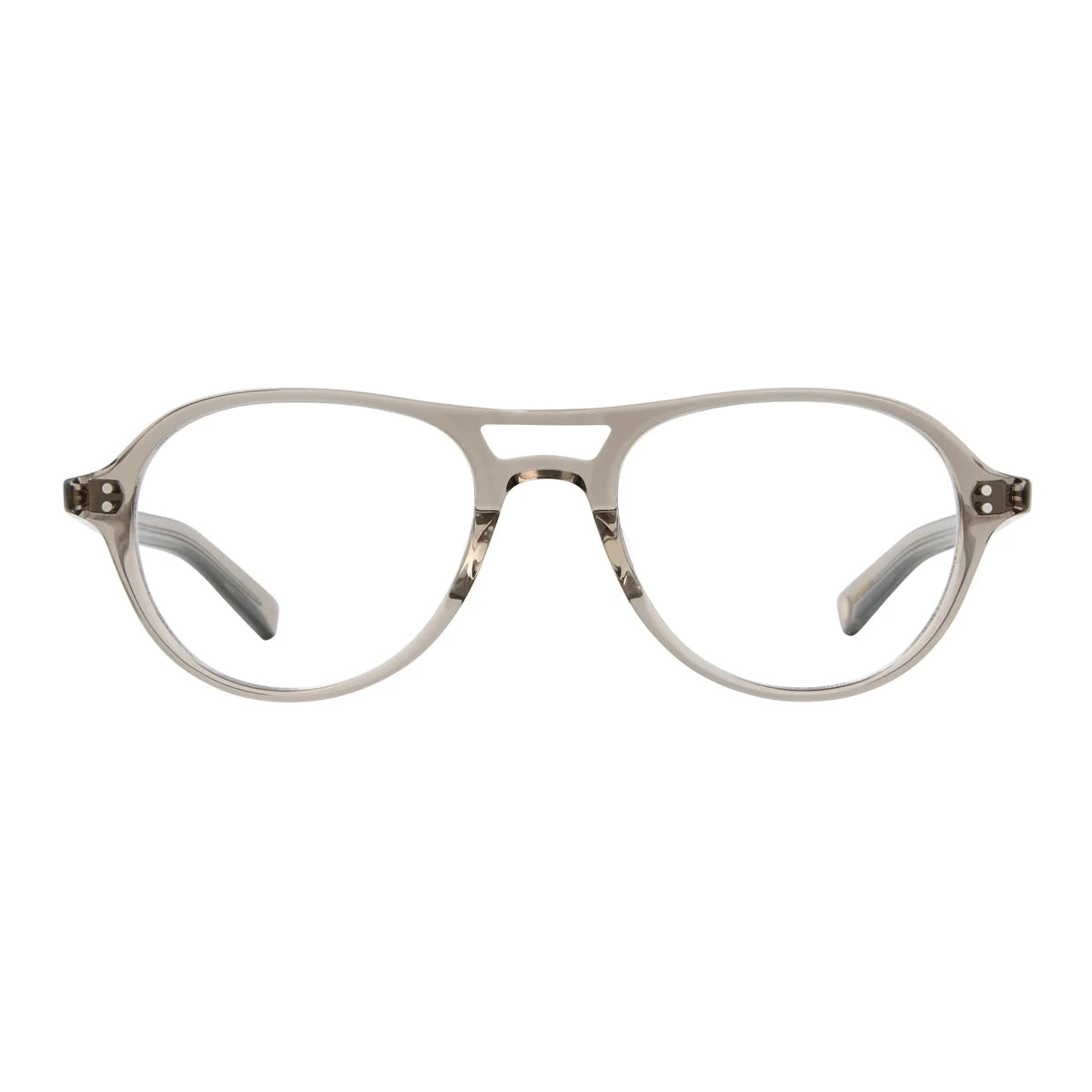 Clay crystal Garrett Leight aviator round eyeglass frames on a white background