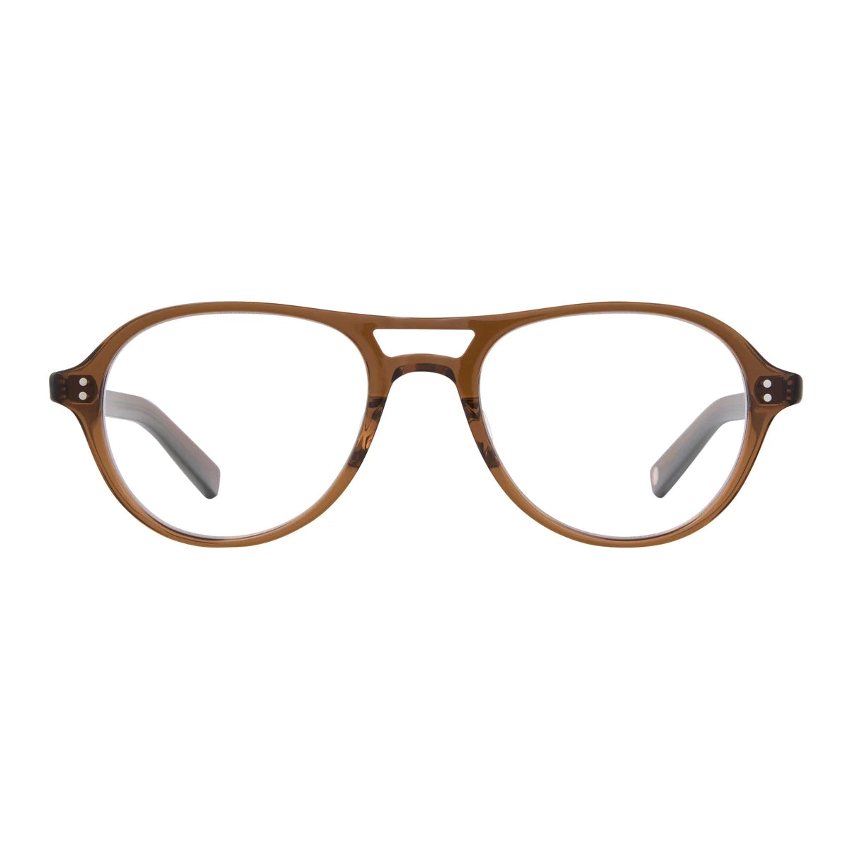 Brown crystal cola Garrett Leight aviator round eyeglass frames on a white background