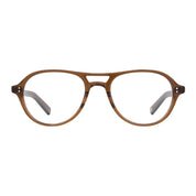 Brown crystal cola Garrett Leight aviator round eyeglass frames on a white background