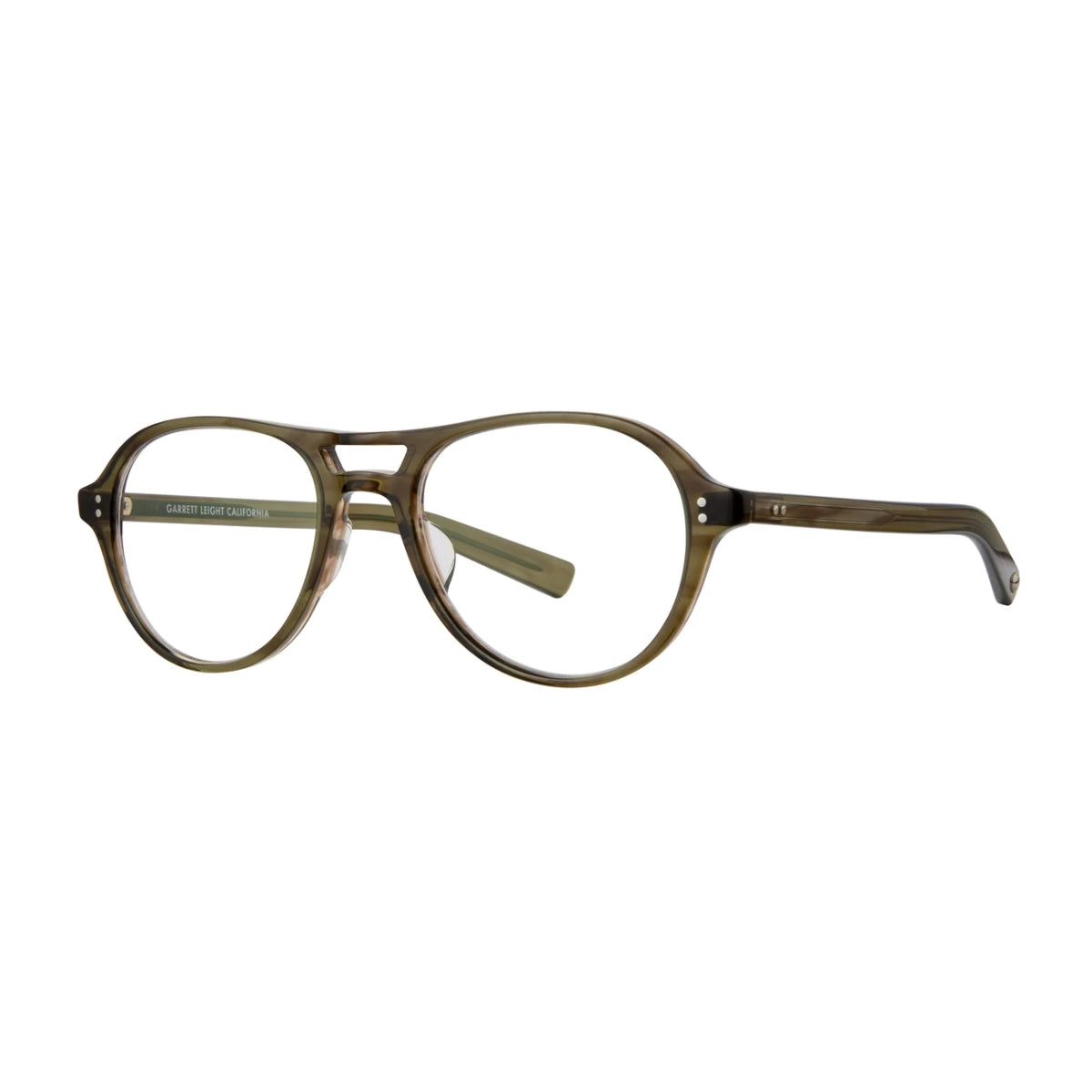 Olive green Garrett Leight aviator round eyeglass frames on a white background