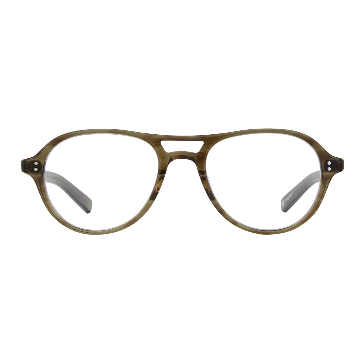 Olive tortoise Garrett Leight aviator round eyeglass frames on a white background