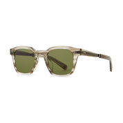 Mr. Leight Celestial Grey Sunglasses with green lenses and transparent frame on a white background