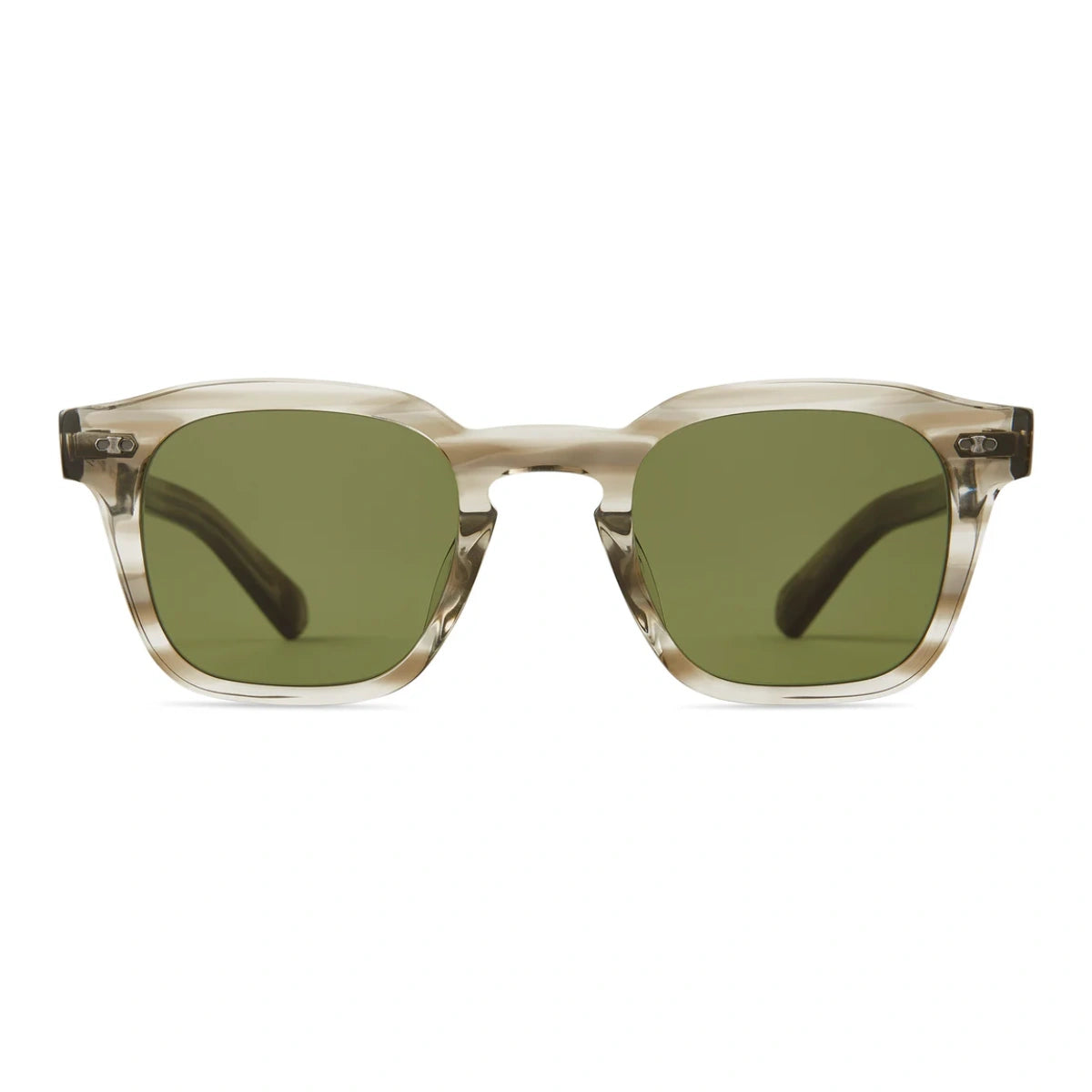 Mr. Leight  Sunglasses with green lenses and a grey transparent frame on a white background