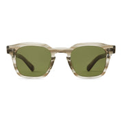 Mr. Leight  Sunglasses with green lenses and a grey transparent frame on a white background