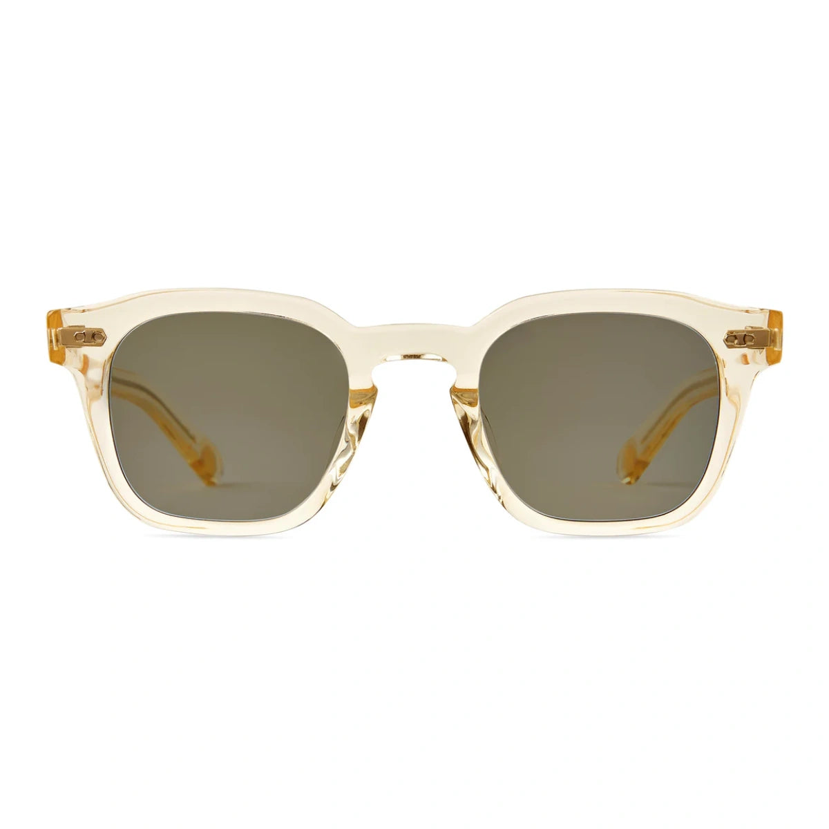 Mr. Leight  Sunglasses with gold crystal frame and dark lenses on a white background